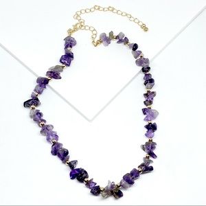 Purple Amethyst Chip Gold Beaded Necklace D35